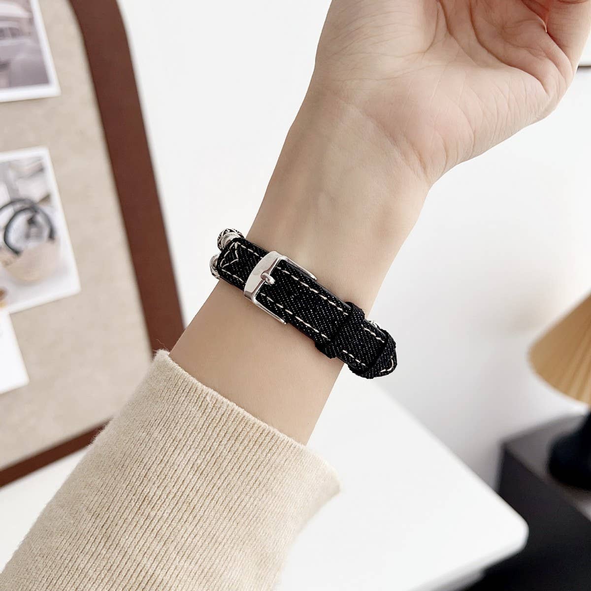 IWATCH9-1 14MM TIBETAN SILVER DENIM LEATHER STRAP