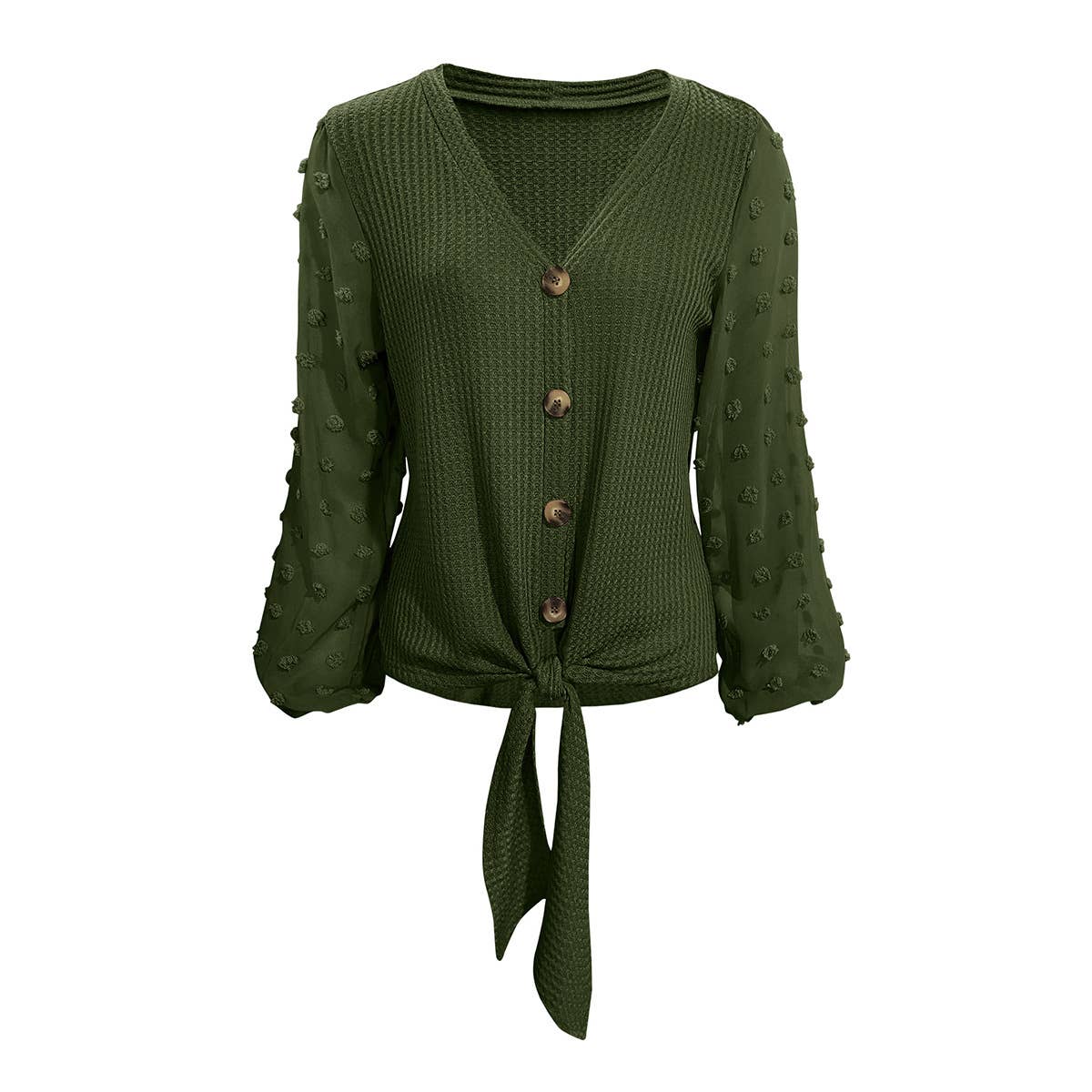 V-NECK KNOTTED JACQUARD PATCHWORK SLEEVE SWEATER