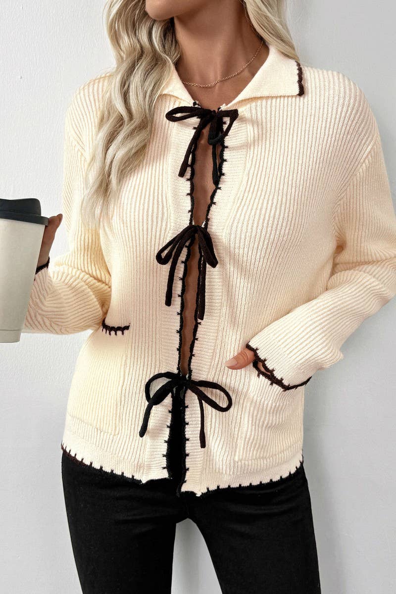 CWOCAL00583_CHIC BOW TIE CONTRAST TRIM CARDIGAN SWEATER