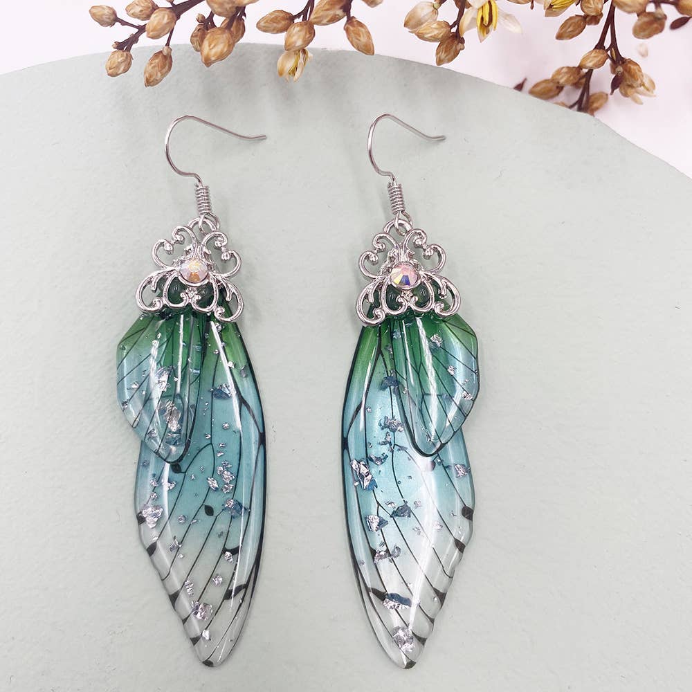 Elegant long earrings with cicada wing wings