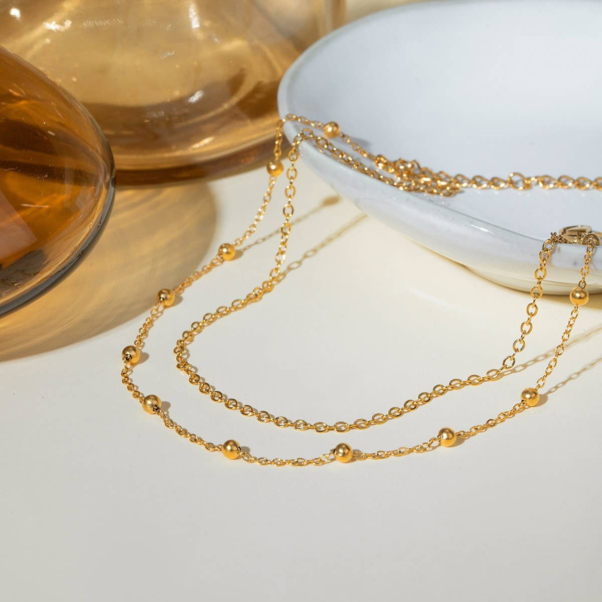 18K Gold Double Layer Beaded Anklet, Non-Tarnish_CWAJE4636