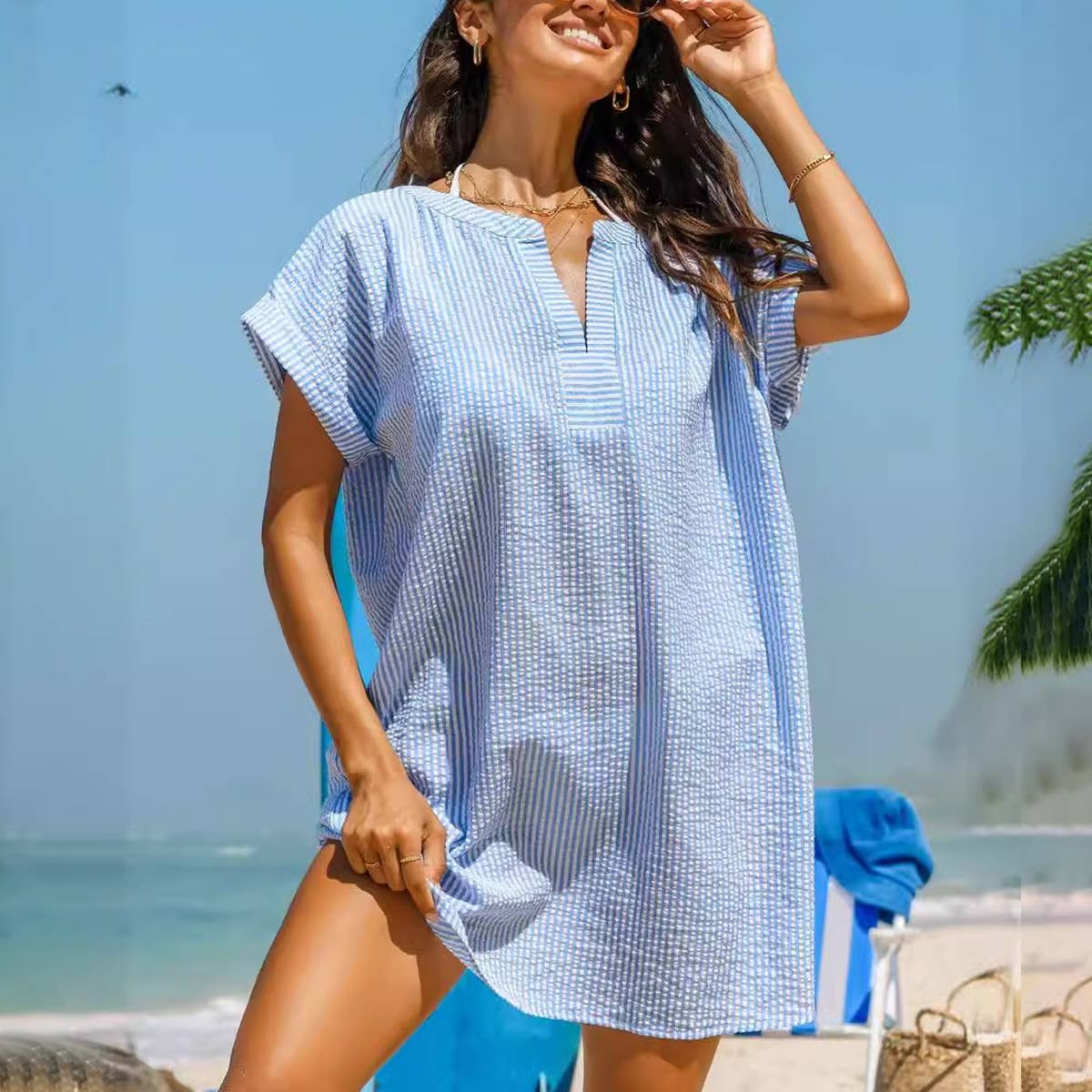 LOOSE STRIPED SUNBLOCK SHIRT DRESS