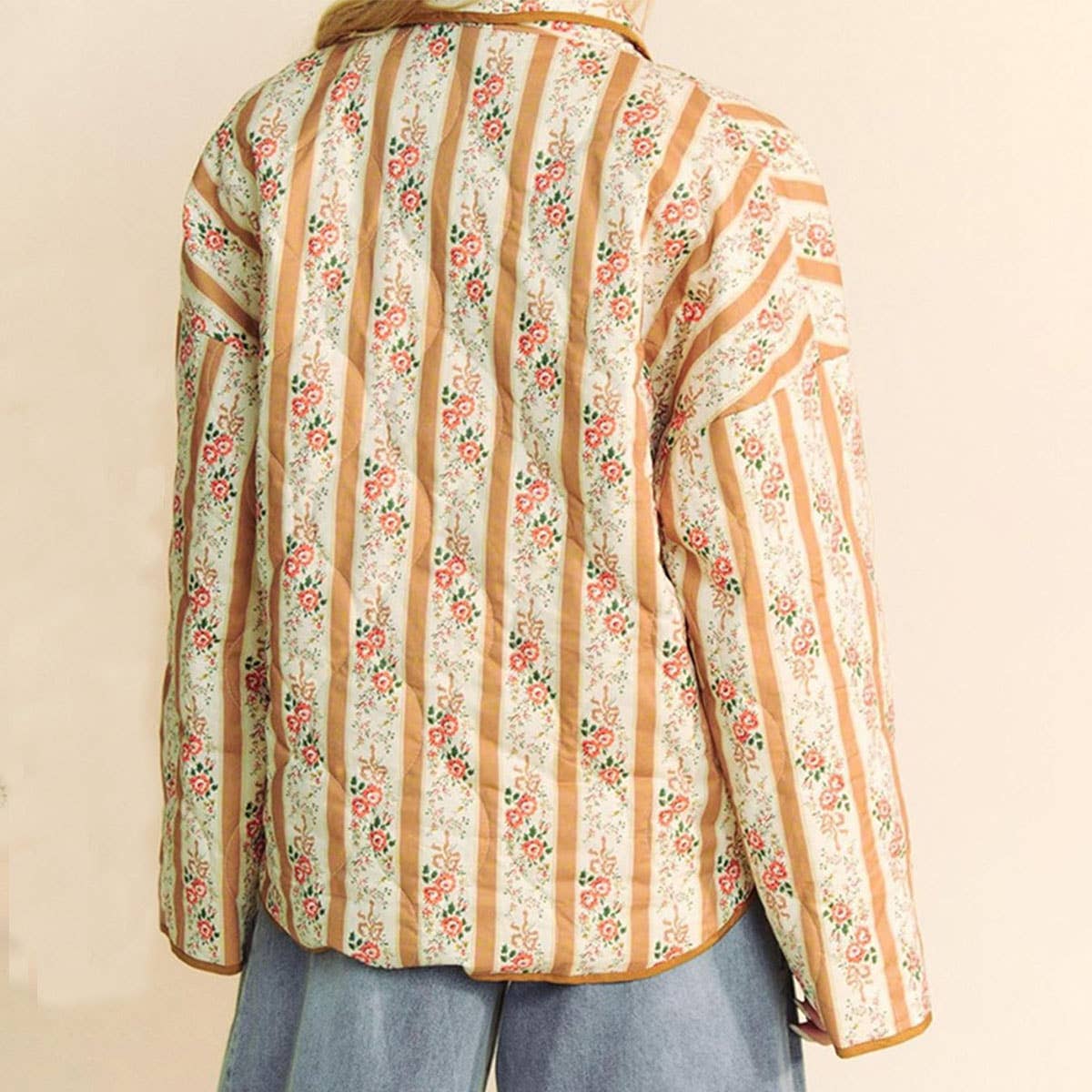 STRIPED FLORAL PRINT LOOSE QUILTED JACKET_CWOJA1552