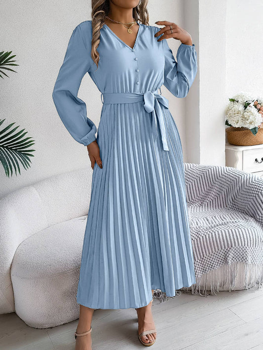 V-NECK BUTTON-UP LONG PLEATED DRESS