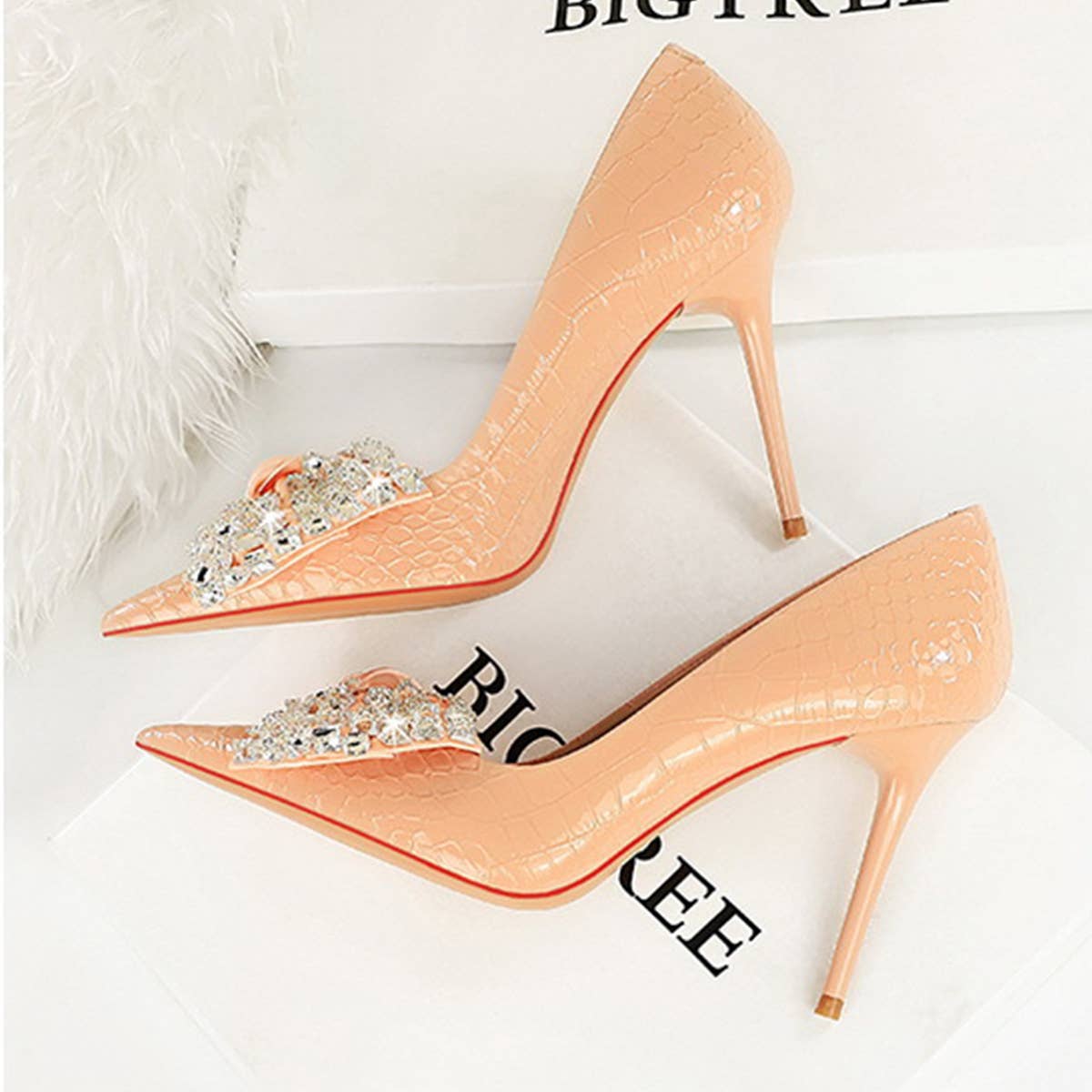 SHALLOW POINTED TOE RHINESTONE BOW HIGH HEELS