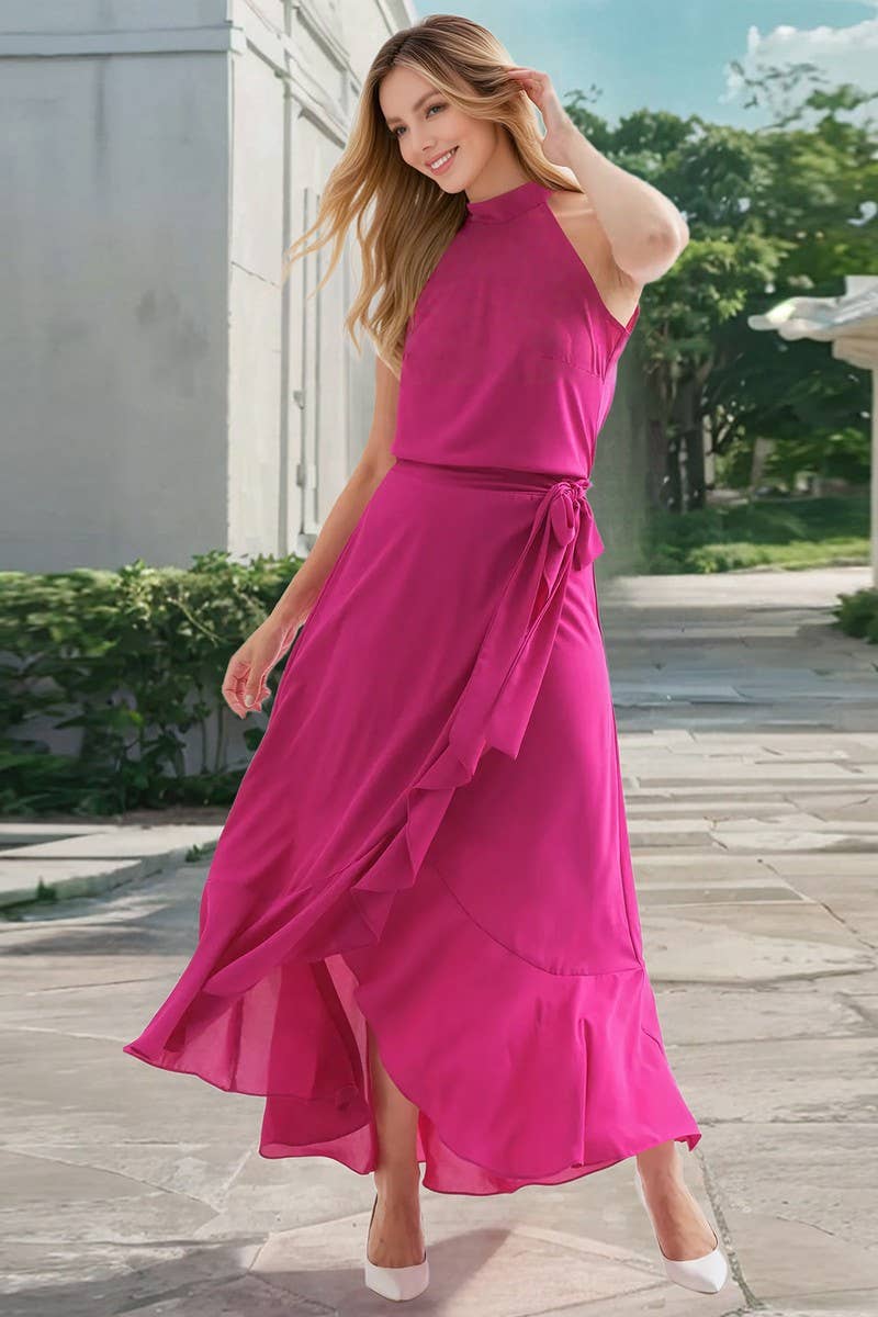 CWDMD6201_RUFFLE TIE WAIST ASYMMETRICAL A-LINE DRESS