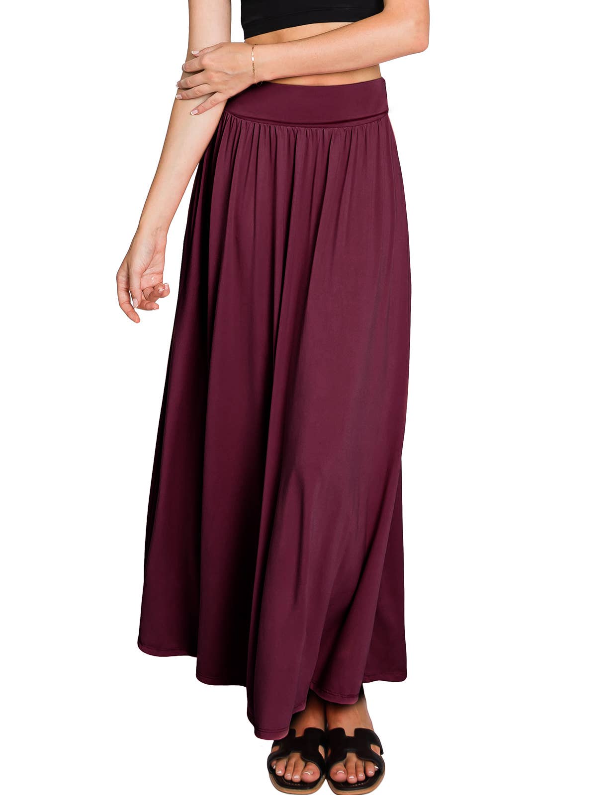 AWBLS089_High Waist Elastic Closure Gather Maxi Skirt
