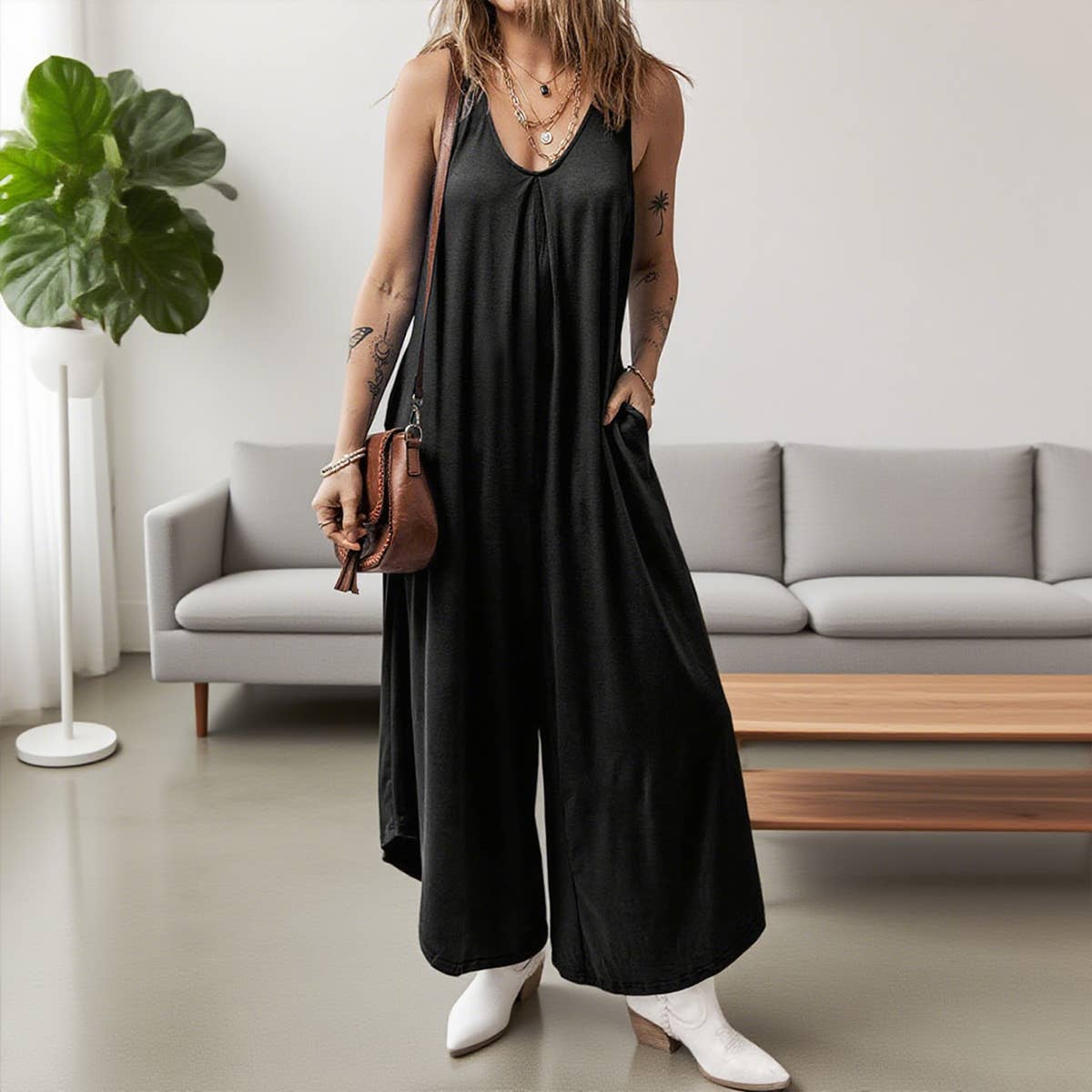 Simple wind multi-pocket straight strap pants