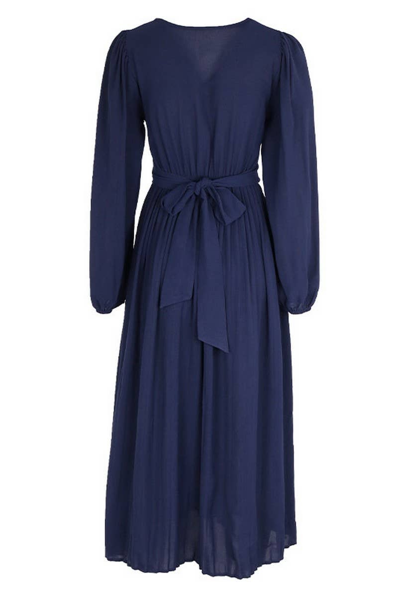 CWDMD3562_SOLID COLOR LONG SLEEVE V-NECK MIDI DRESS