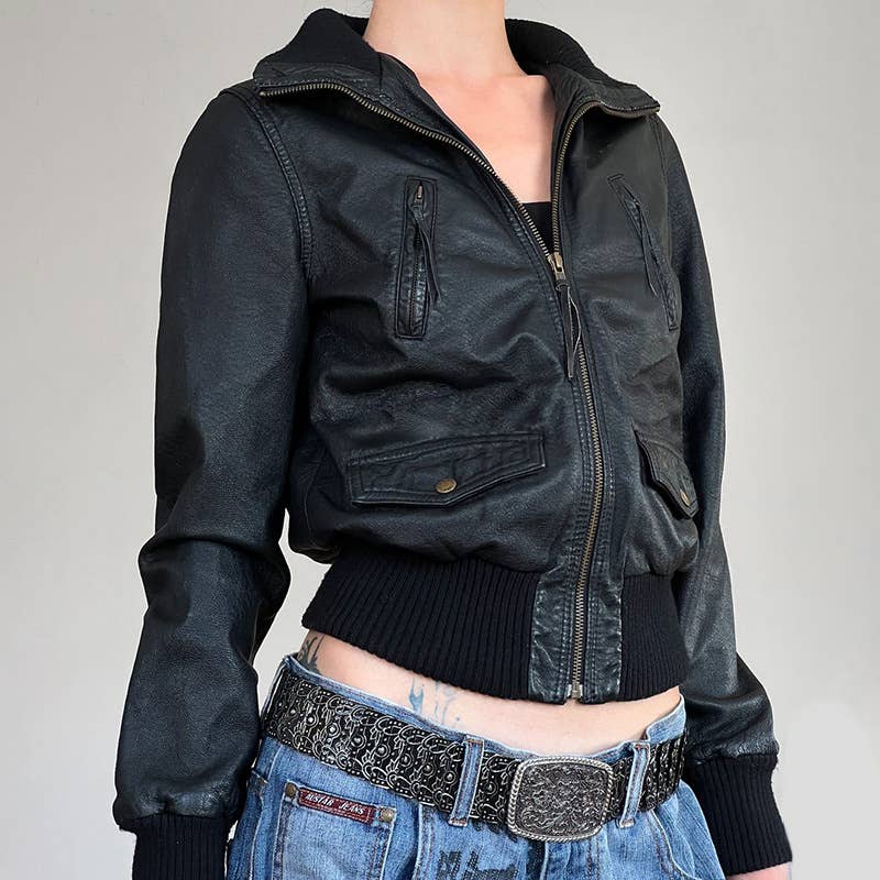 TOOLING PU LEATHER SPLICING RIBBED WAIST CARDIGAN