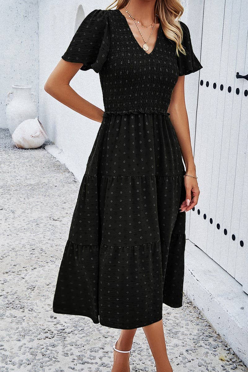 CWDMD00962_CASUAL V-NECK SHORT-SLEEVED DRESS