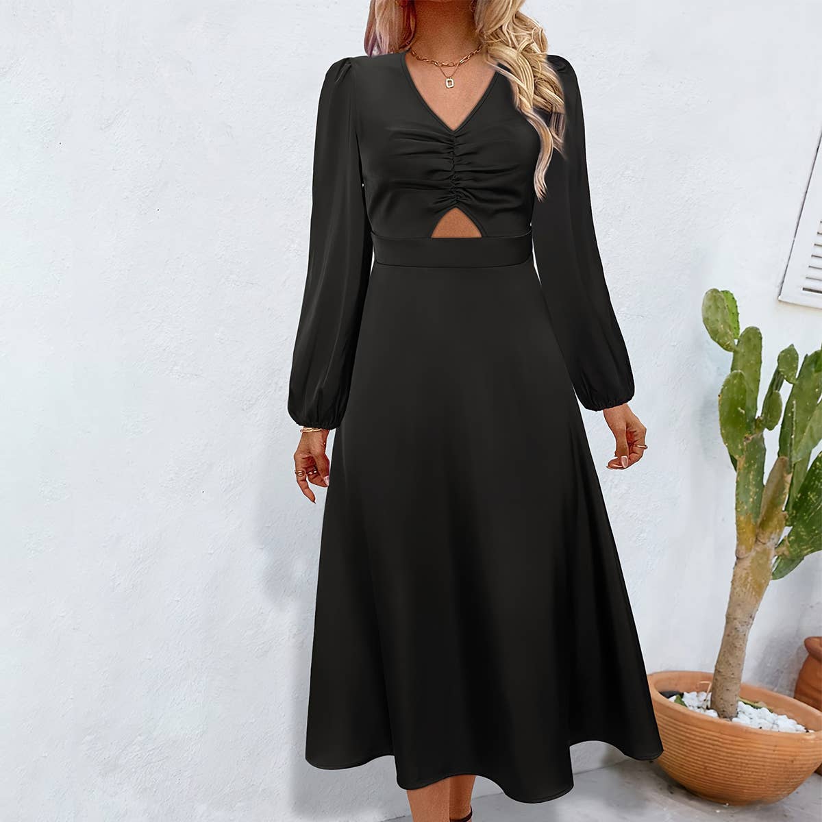 V-neck pleated ripped long-sleeved satin dress