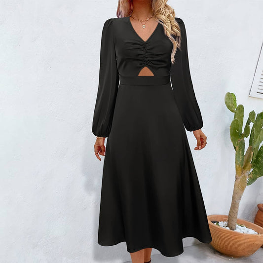 V-neck pleated ripped long-sleeved satin dress