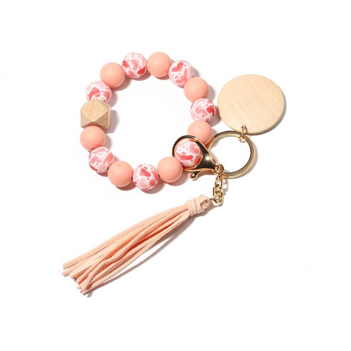 Silicone Bead Bracelet Keychain with Beech Wood