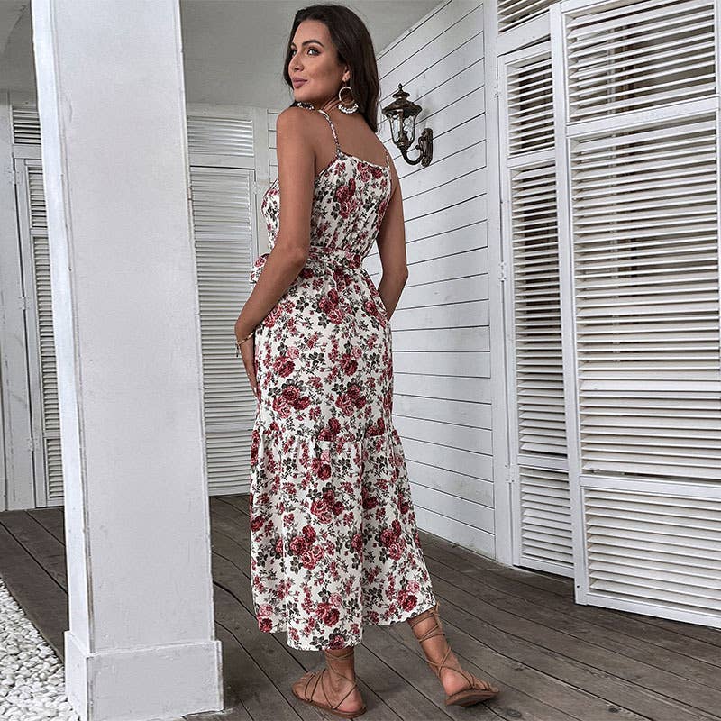 PRINT LACE-UP SEXY BEACH HALTER DRESS