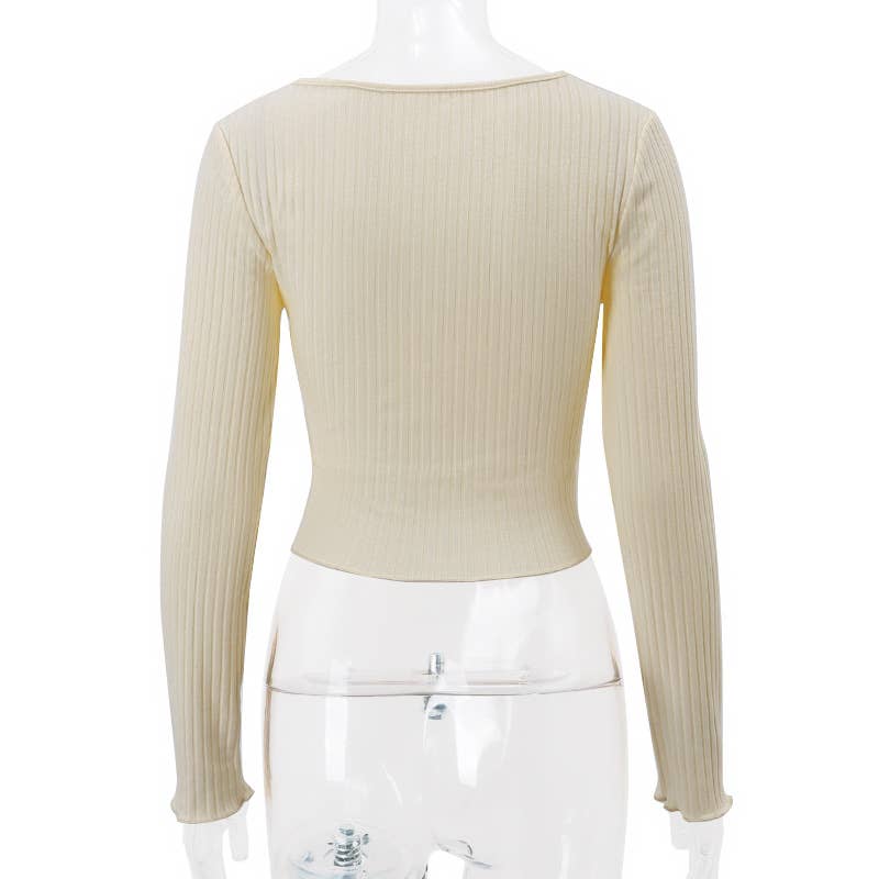 V-NECK LOW CUT THREAD FIT MIDRIFF LONG SLEEVE TOP