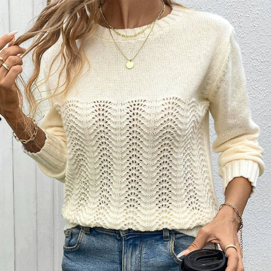 SOLID COLOR CASUAL CREW-NECK HOLLOW-OUT SWEATER