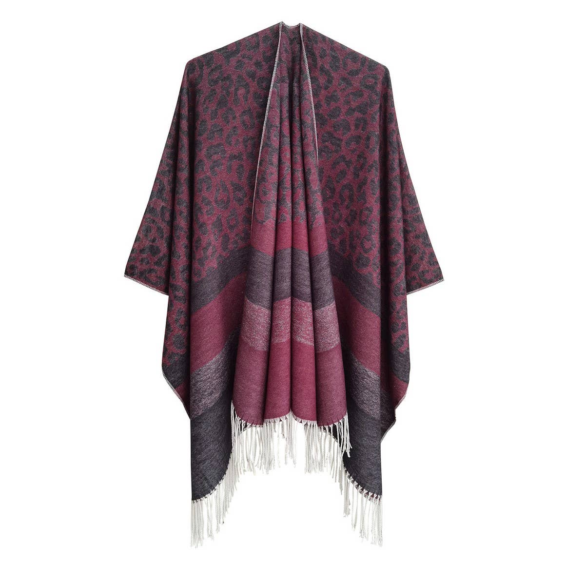 LEOPARD PRINT STRIPED TASSEL WARM SPLIT SHAWL