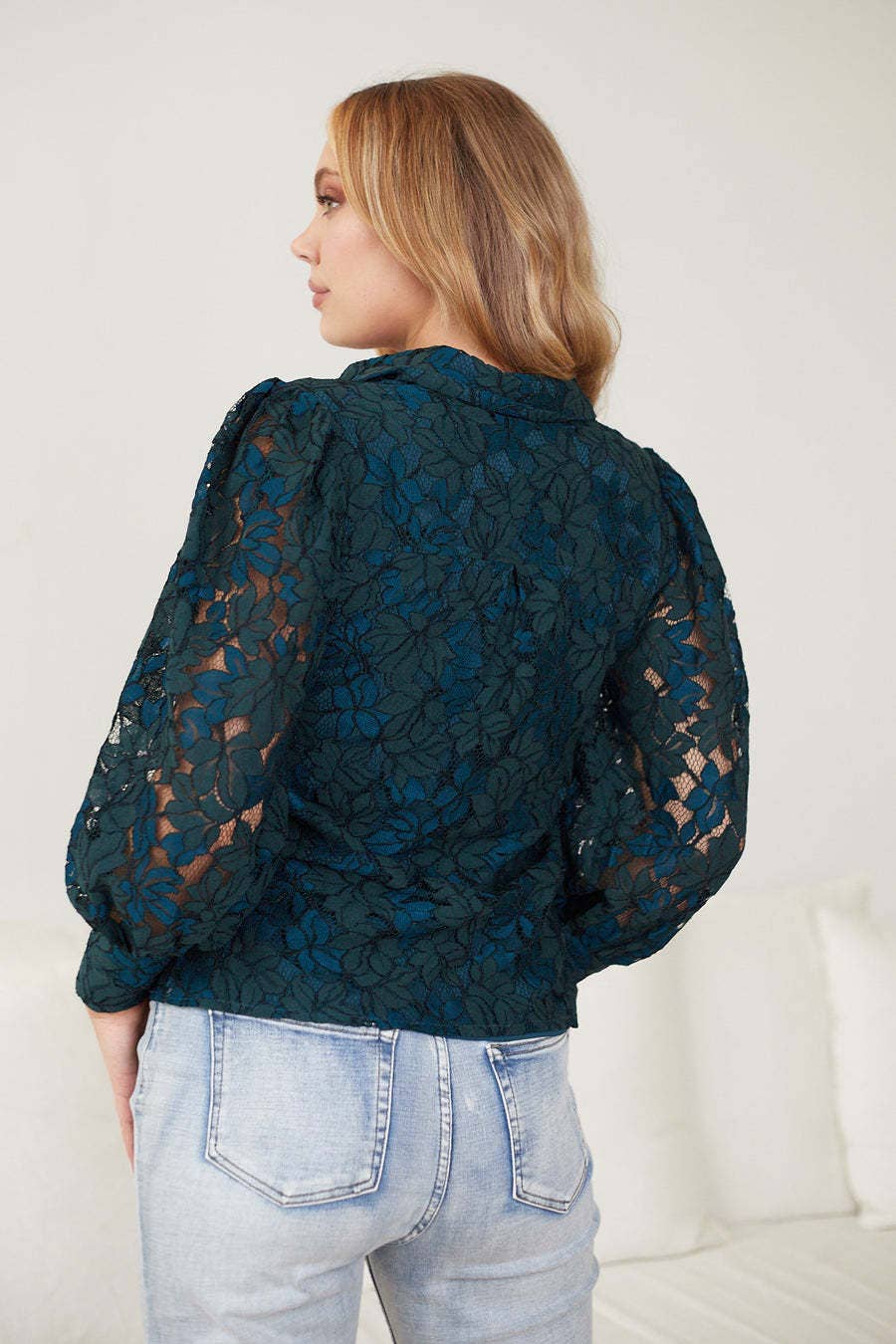 LAPEL SOLID COLOR LONG-SLEEVED CUT-OUT LACE SHIRT