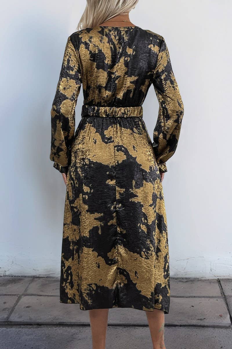 CWDMD3874_V-NECK LONG-SLEEVED A-LINE GOLD-STAMPED DRESS