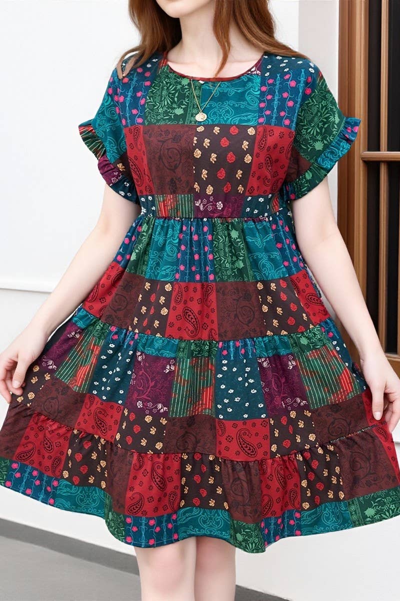 CWDSD10878_RUFFLE SLEEVE KNEE LENGTH VACATION DRESS