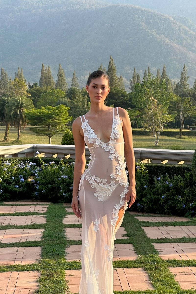 CWDMD5634_SEXY DEEP V BACKLESS MESH DRESS WITH 3D FLOWERS