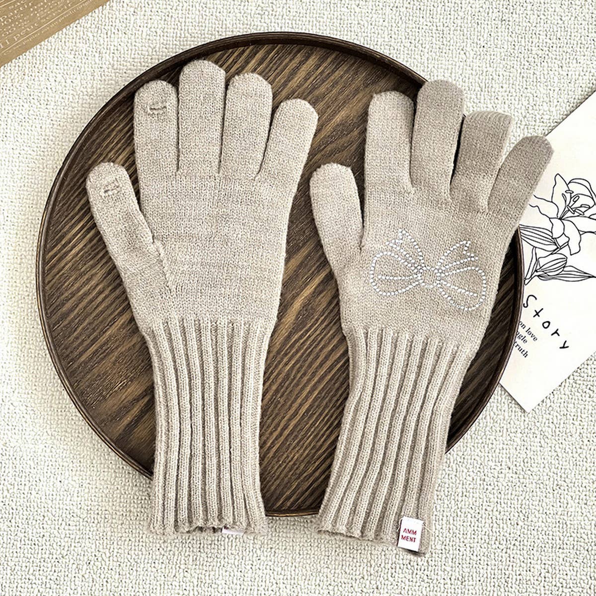 RHINESTONE BOW TOUCH SCREEN FIVE-FINGER GLOVES_CWAG0141