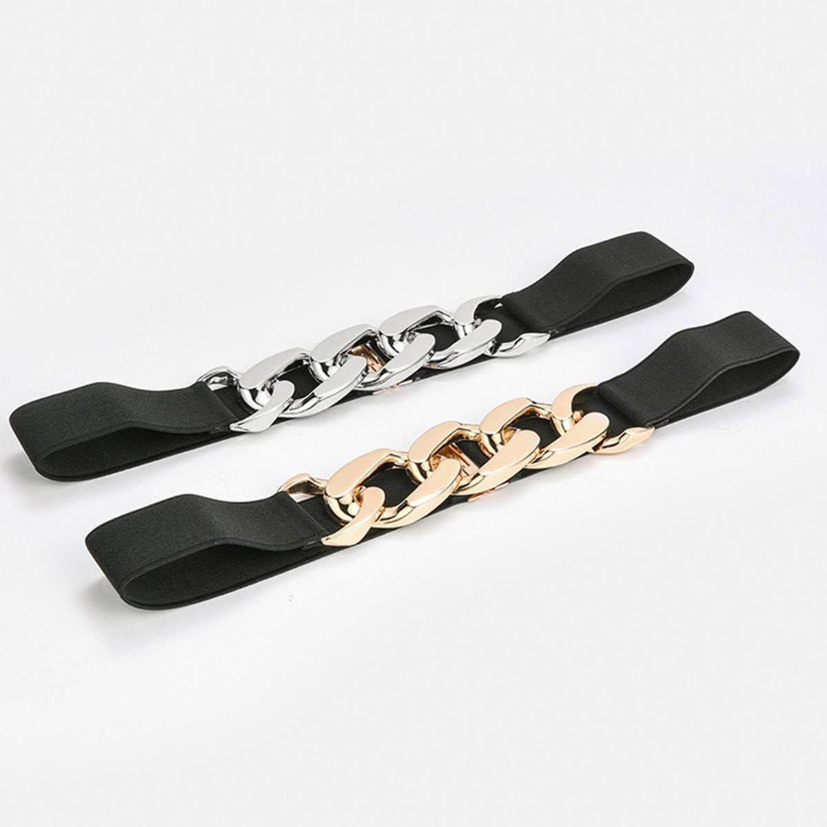 SILVER,GOLD CHAIN BLACK STRETCH BELT_CWABE0191