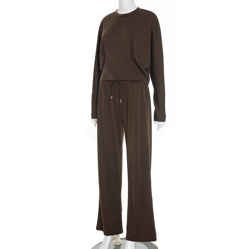Round-neck straight-leg tie long pants set