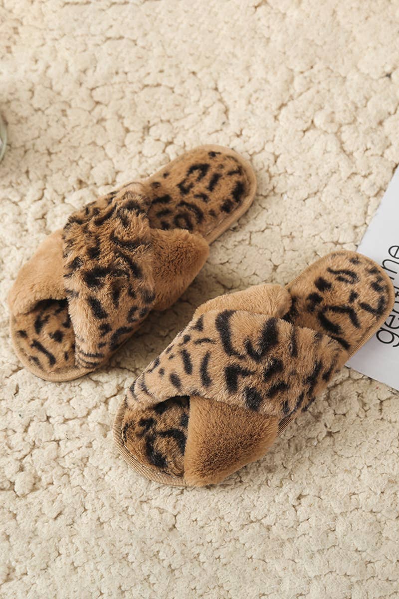 LEOPARD PATTERN CROSS FLUFFY HOME BEDROOM SLIPPERS