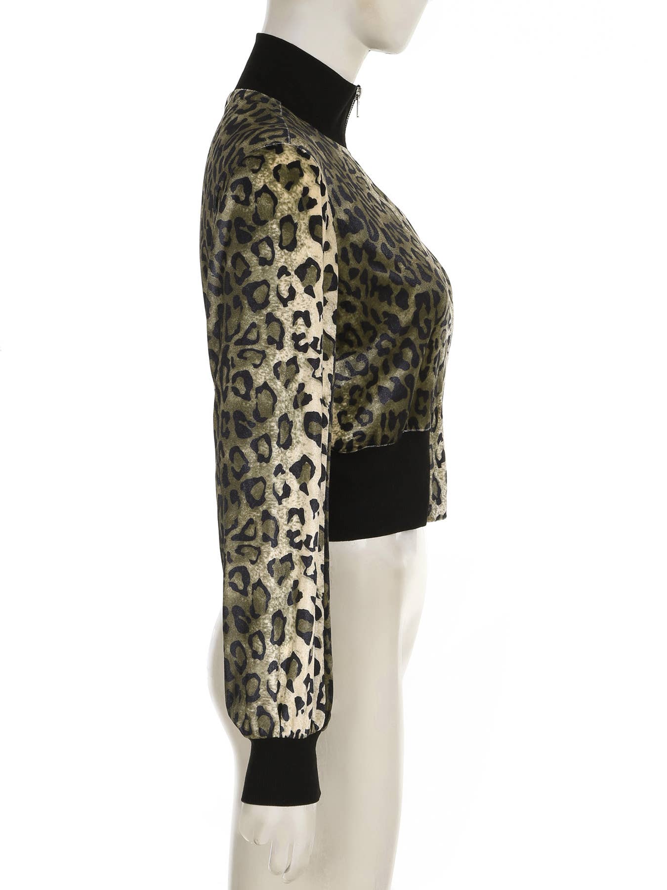 LEOPARD PRINT ZIPPERED VELVET JACKET STAND-UP