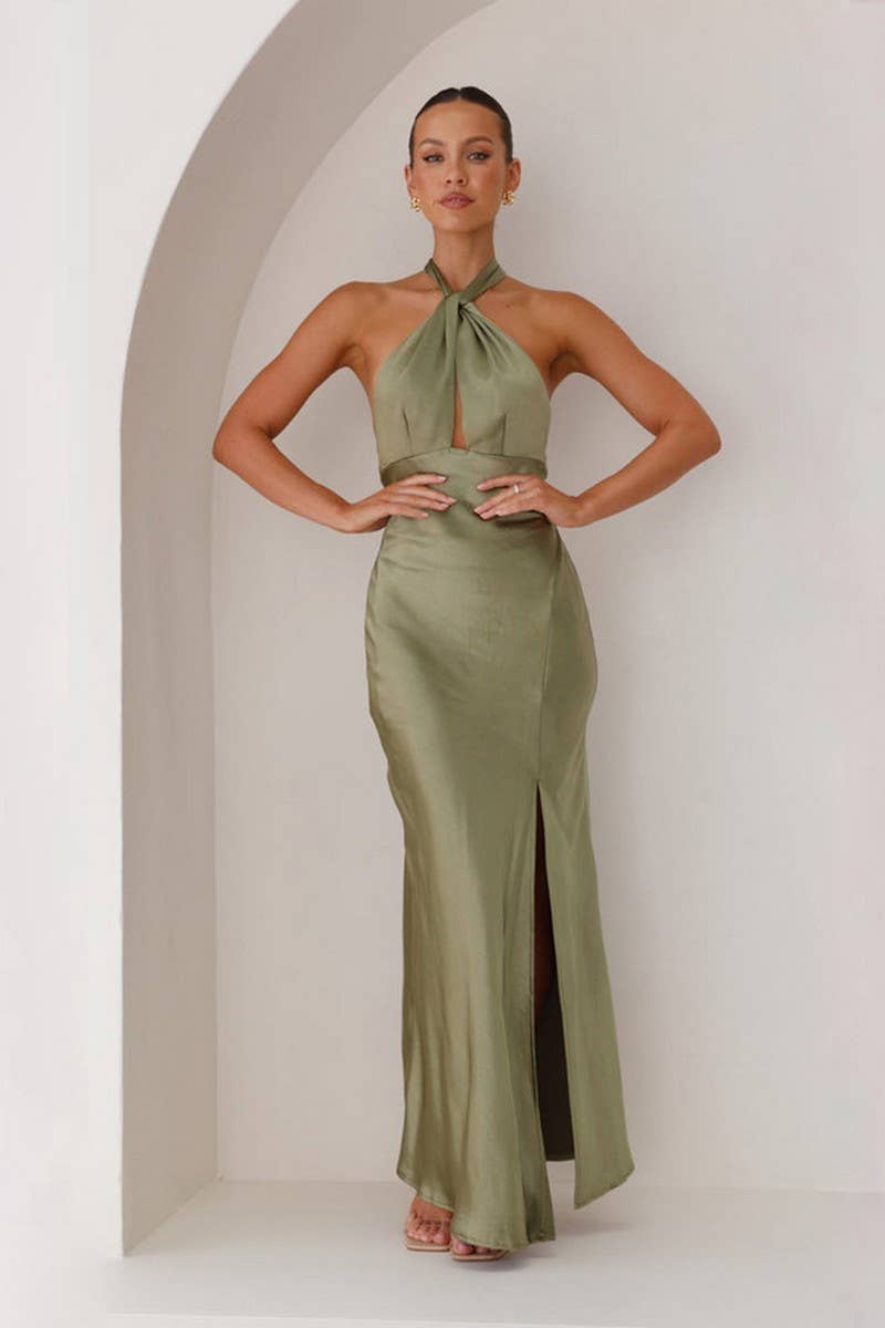 CWDHL0941_ELEGANT SATIN HALTER NECK SLIT MAXI DRESS