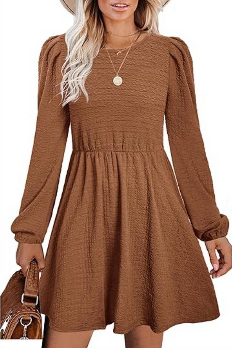 CWDSD10646_PUFF SLEEVE ROUND NECK HIGH WAIST DRESS