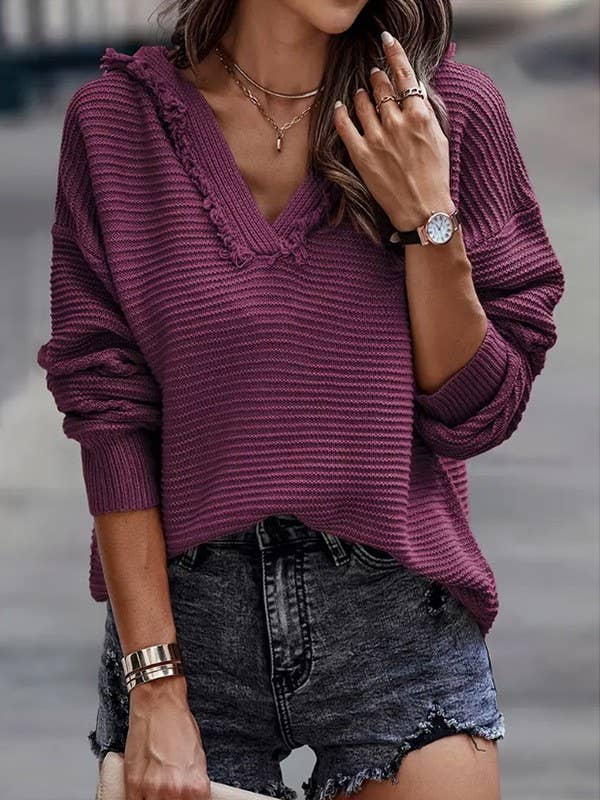 V-NECK LONG-SLEEVED KNIT HOODIE WITH RAW HEM