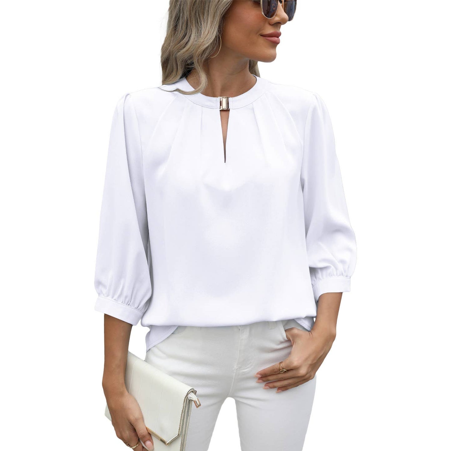 V-neck seven-point sleeve solid color chiffon