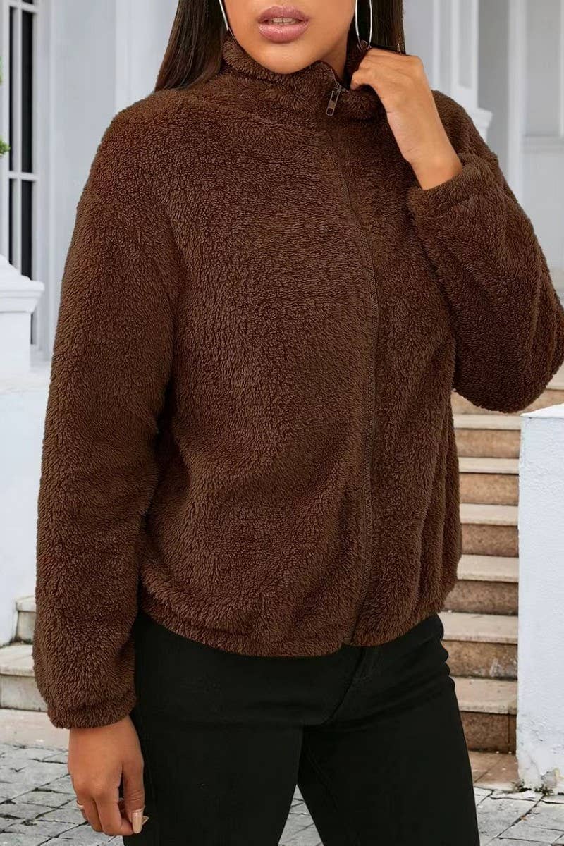 CWOCO00207_PLUSH CASUAL LOOSE ZIP-UP LONG-SLEEVED JACKET