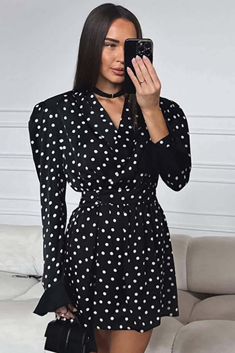 CWDSD6750_POLKA DOT PRINT TIE LONG SLEEVE FITTED DRESS