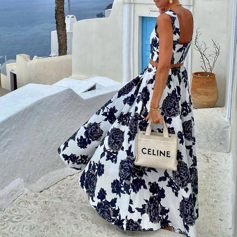 FASHION PRINT HALTER TOP SKIRT TWO-PIECE SET