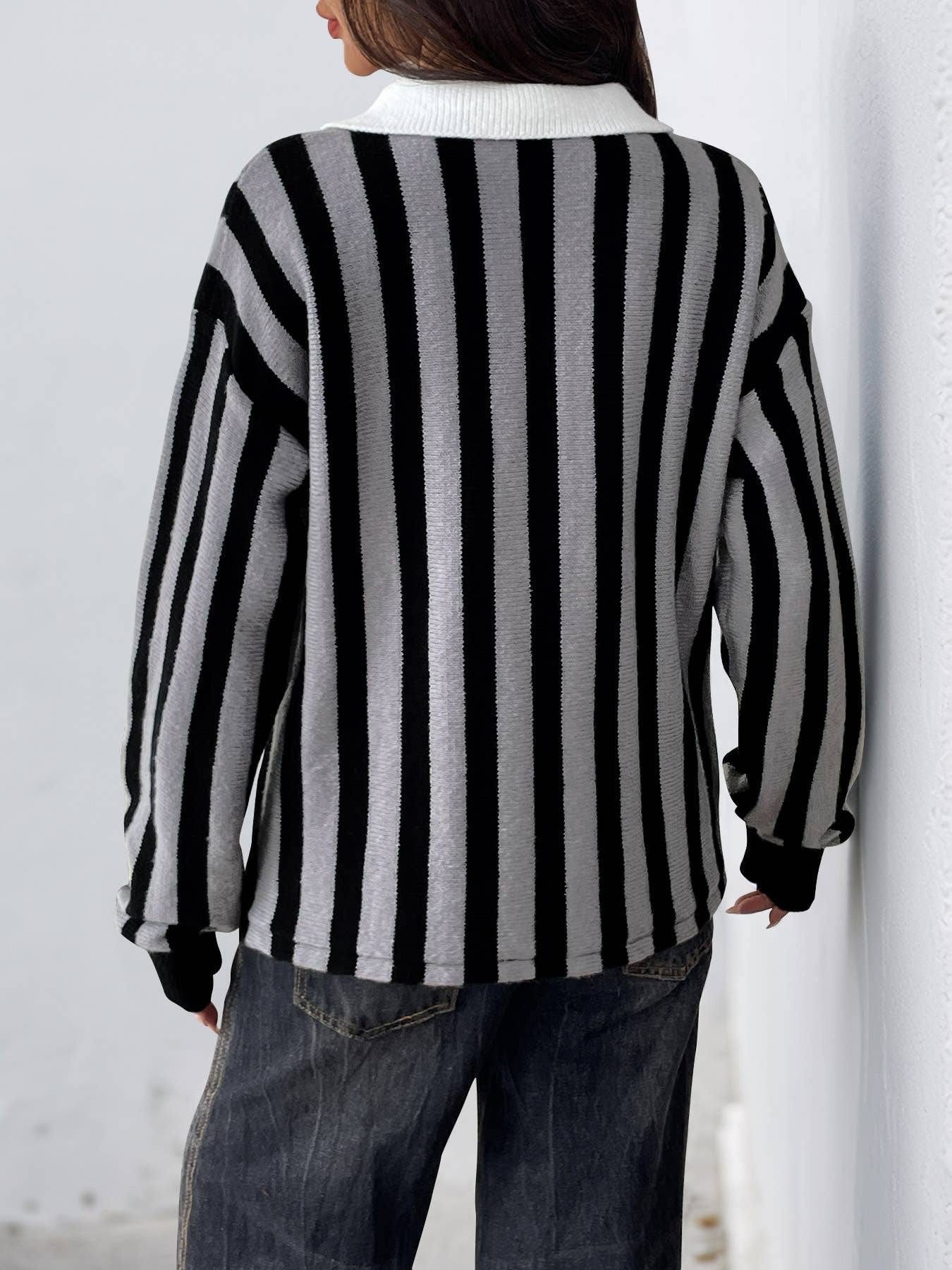 Vertical striped lapel pullover knitted sweater