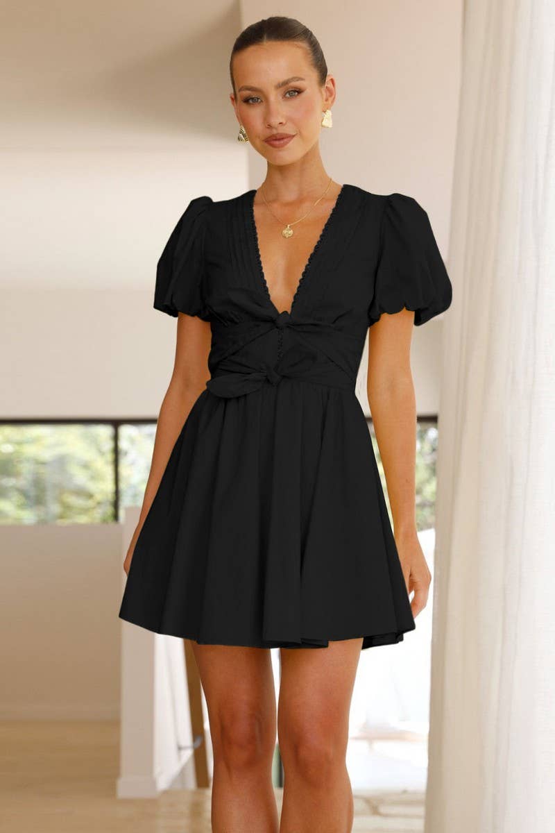 CWDSD7770_SWEET LACE TRIM PUFF SLEEVE V-NECK TIE DRESS