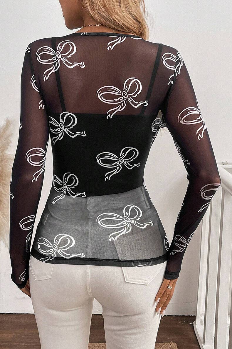 Slim-fit mesh see through bow pullover T-shirt