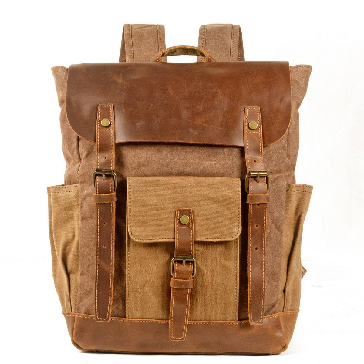 Unisex Waxed Canvas Laptop Backpack with Leather_CWAB5535