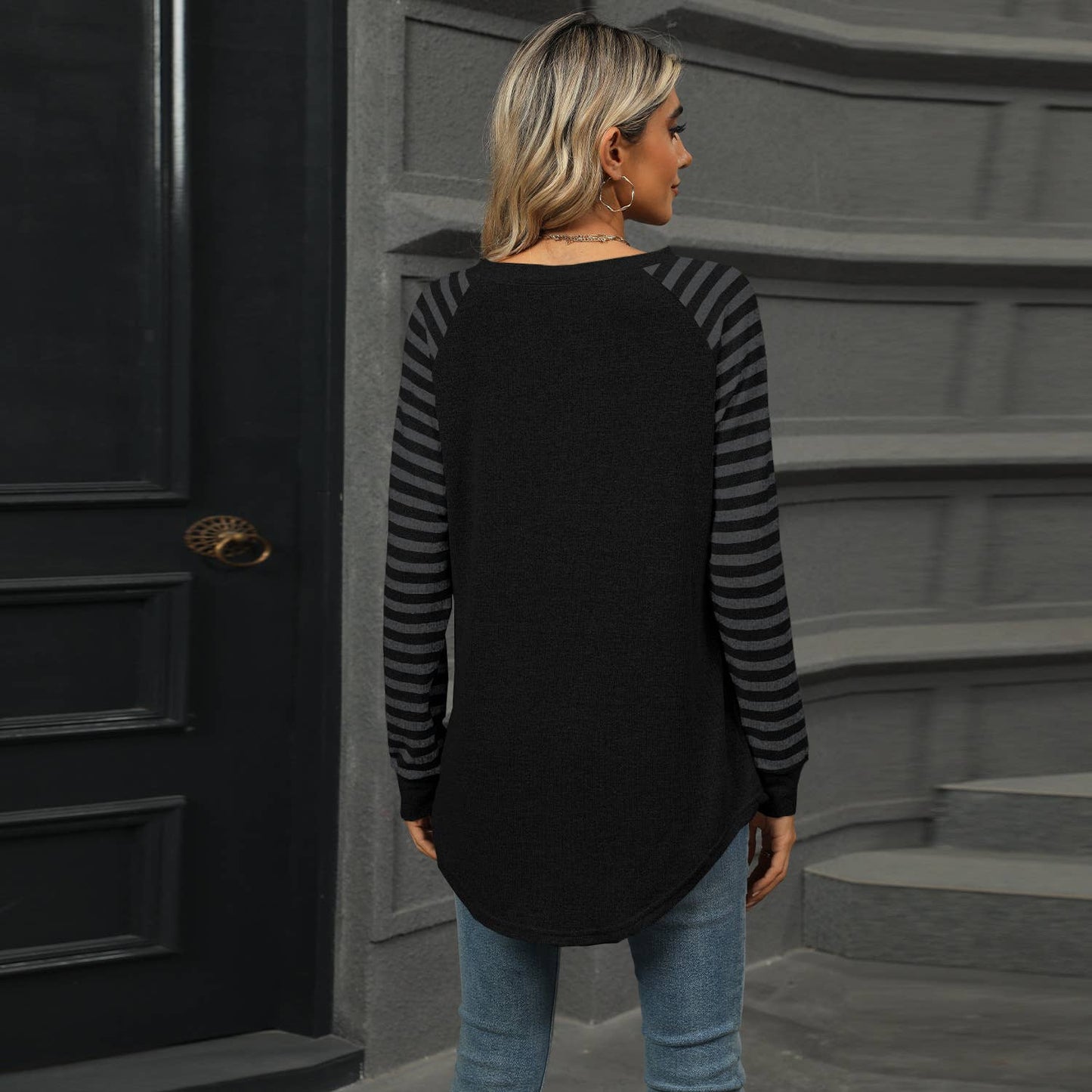 STRIPED PATCHWORK CREW NECK LONG SLEEVE T-SHIRT