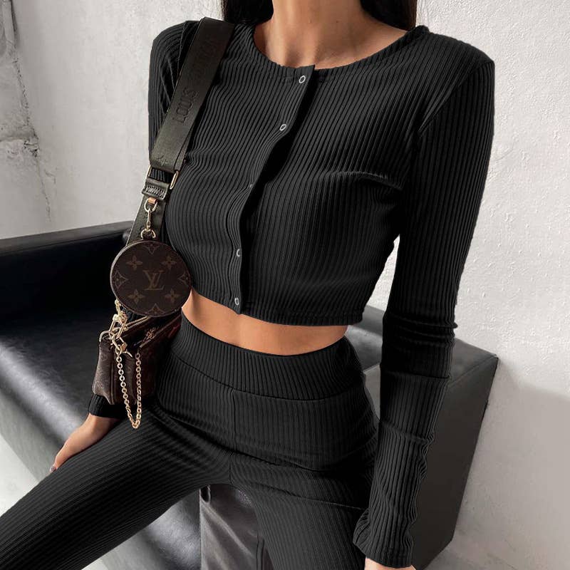 SHORT LONG-SLEEVE TOP AND PANTS FLARED PANTS SUIT