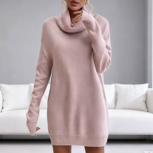 Solid-color loose high-neck knitted dress