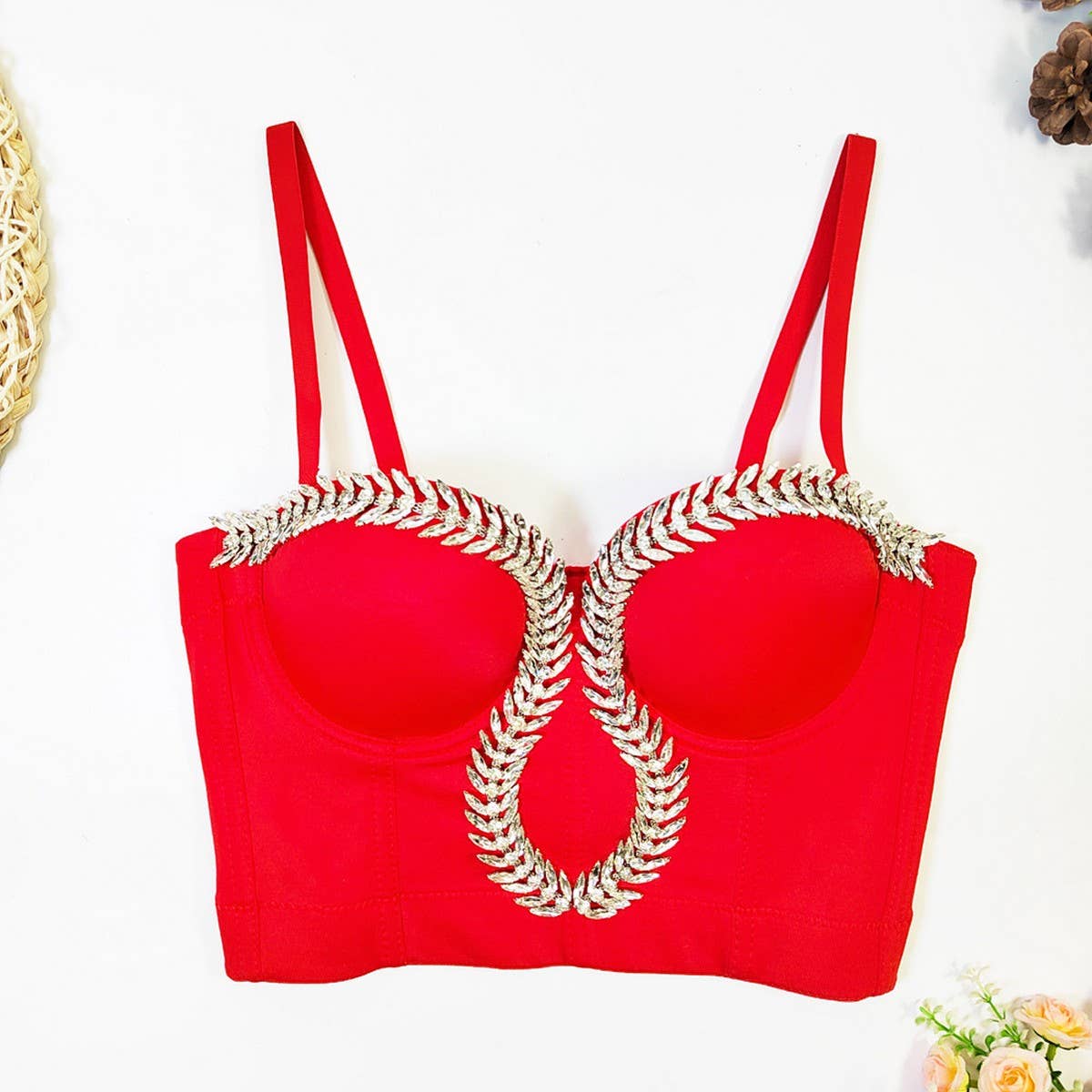 LEAF RHINESTONE HIGH-END HERRINGBONE CORSET_CWMM4178