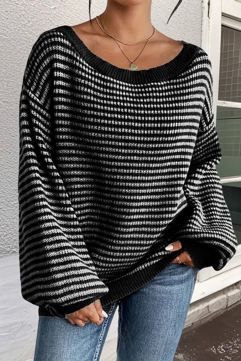 CWOSWL07623_OFF SHOULDER STRIPED KNIT PULLOVER SWEATER