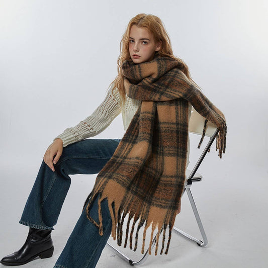 Wide Faux Cashmere Tassel Scarf-Winter Plaid Shawl