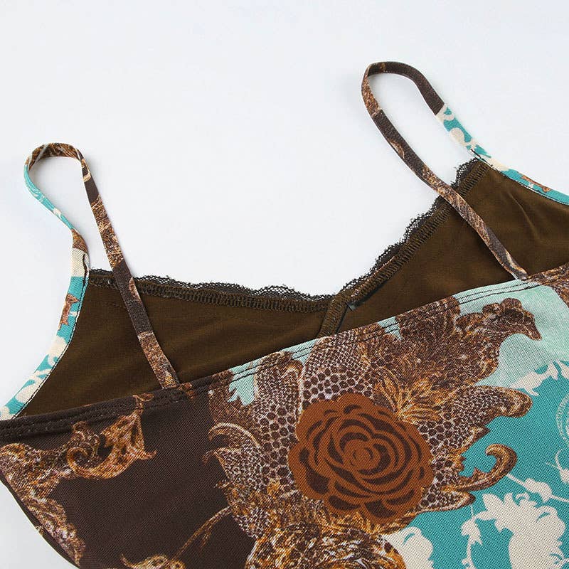 V-neck Slim Vintage print Lace Halter top