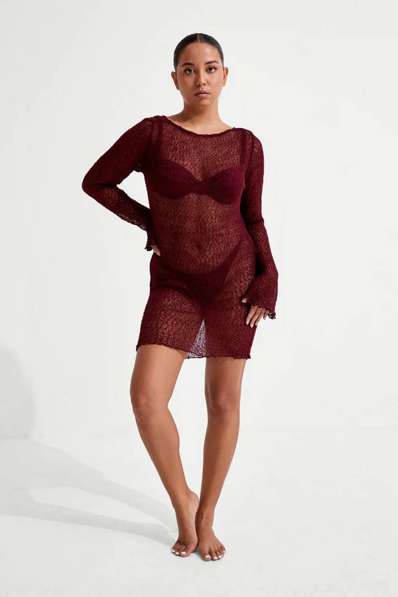 CWDSD6407_LONG SLEEVE SHEER BACKLESS SHORT KNIT DRESS